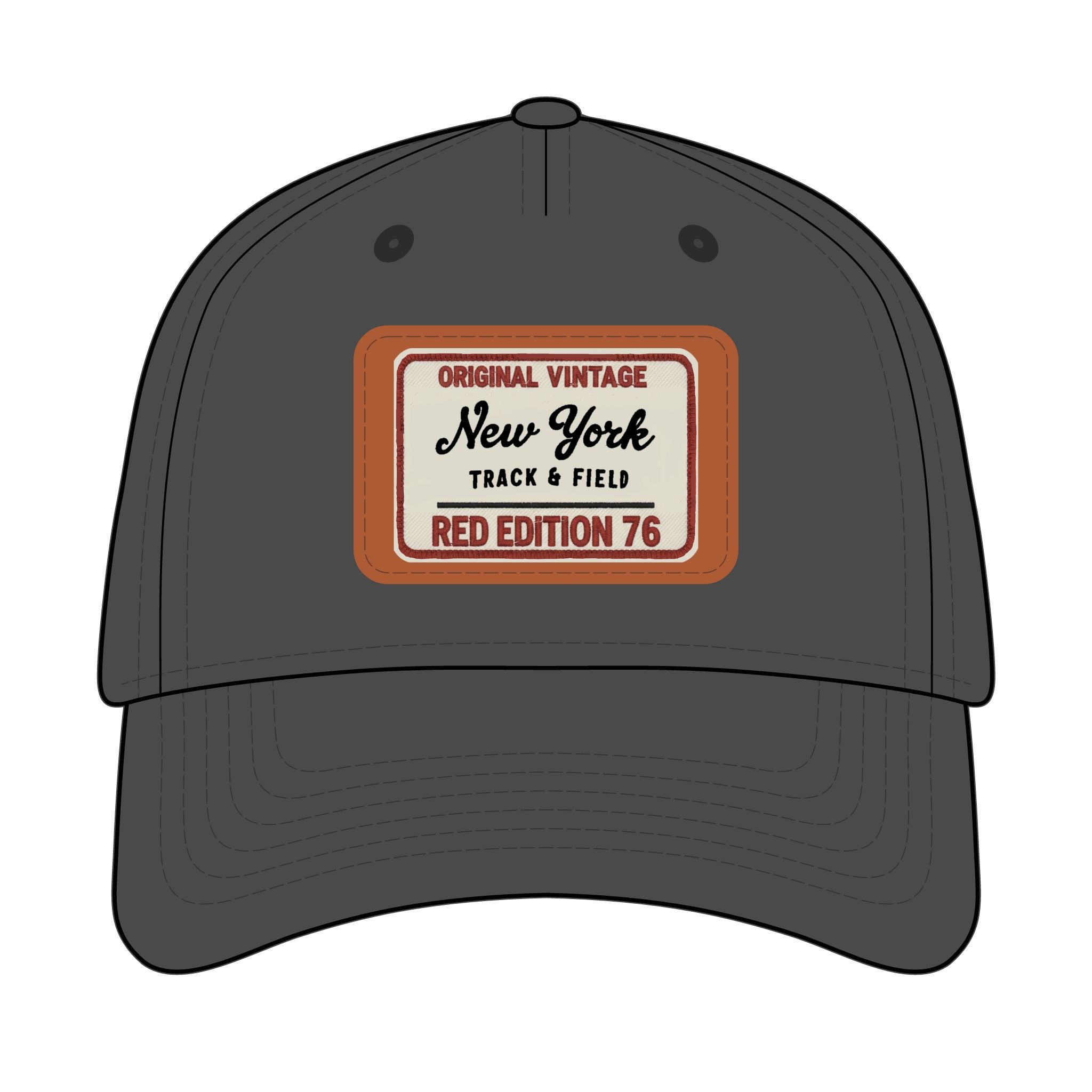 Dark gray cap with a vintage-style label on a white background